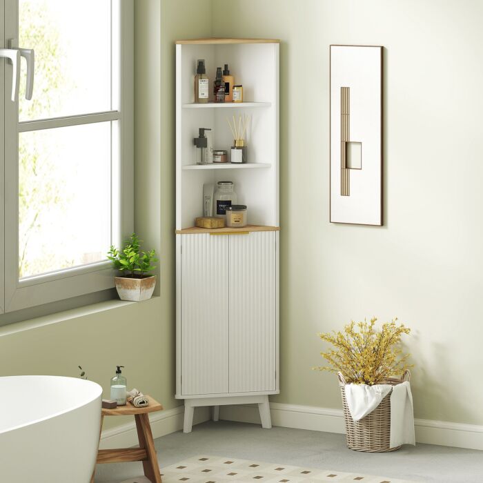 Homcom Tall Bathroom Storage Cabinet, Slim Bathroom Storage Unit With Doors And Adjustable Shelves, Freestanding Bathroom Cabinet With Curved Profile Design, White