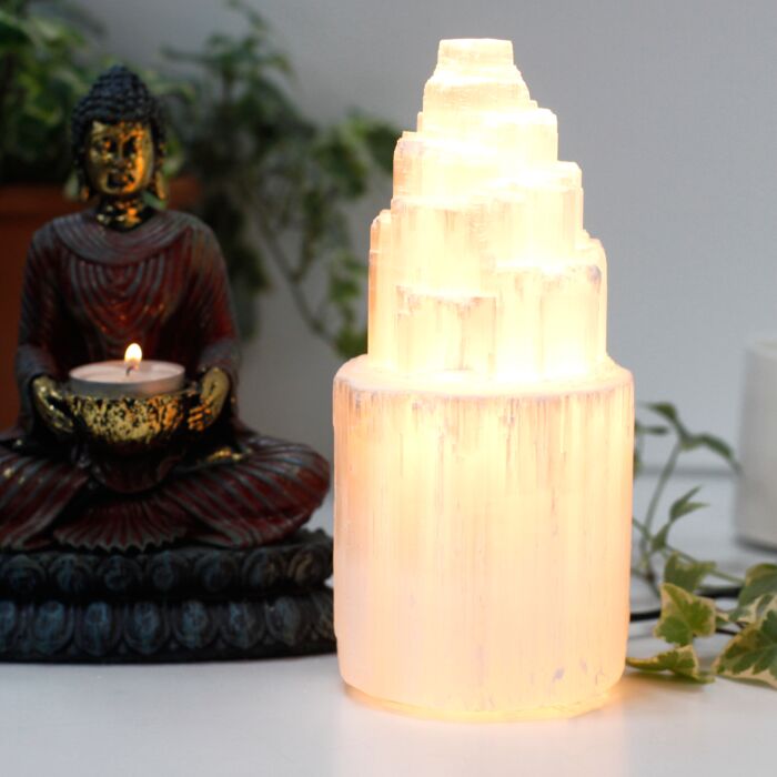 Natural Selenite Tower Lamp - 20 Cm