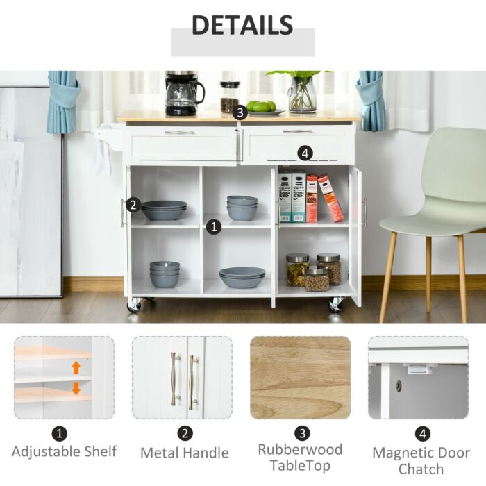 Homcom Kitchen Island Utility Cart, With 2 Storage Drawers & Cabinets, White