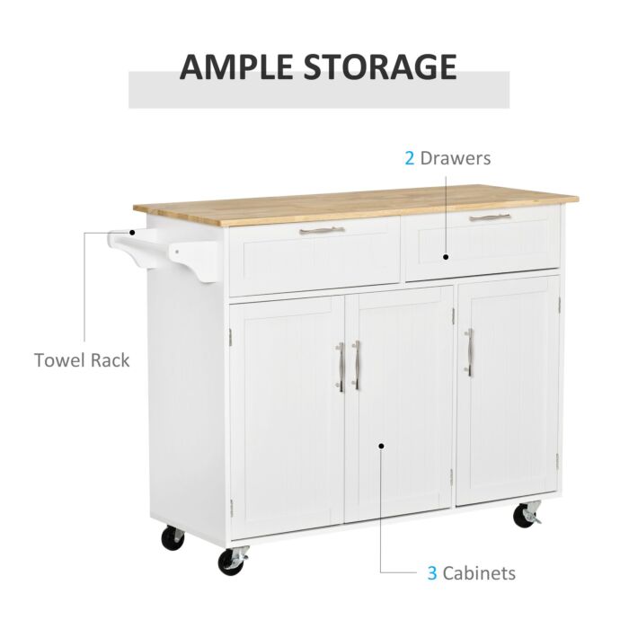 Homcom Kitchen Island Utility Cart, With 2 Storage Drawers & Cabinets, White