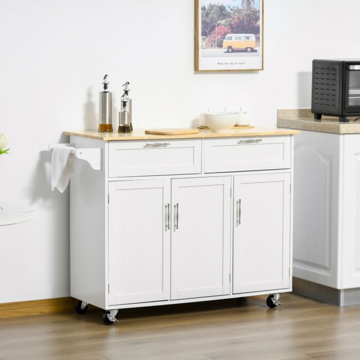 Homcom Kitchen Island Utility Cart, With 2 Storage Drawers & Cabinets, White