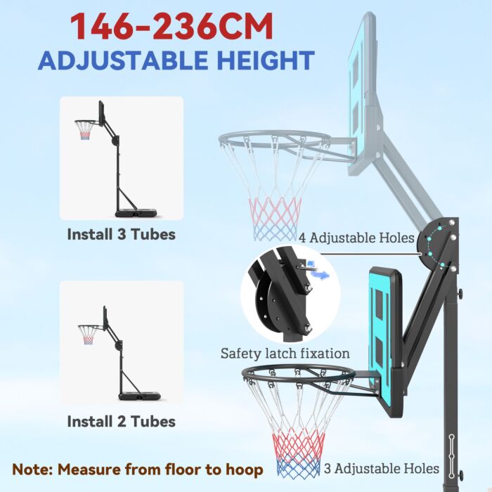 Sportnow Fully Adjustable Basketball Hoop Outdoor, 146-236cm Basketball Hoop And Stand With Weighted Base And Shatterproof Backboard, Portable On Wheels For Junior, Adults