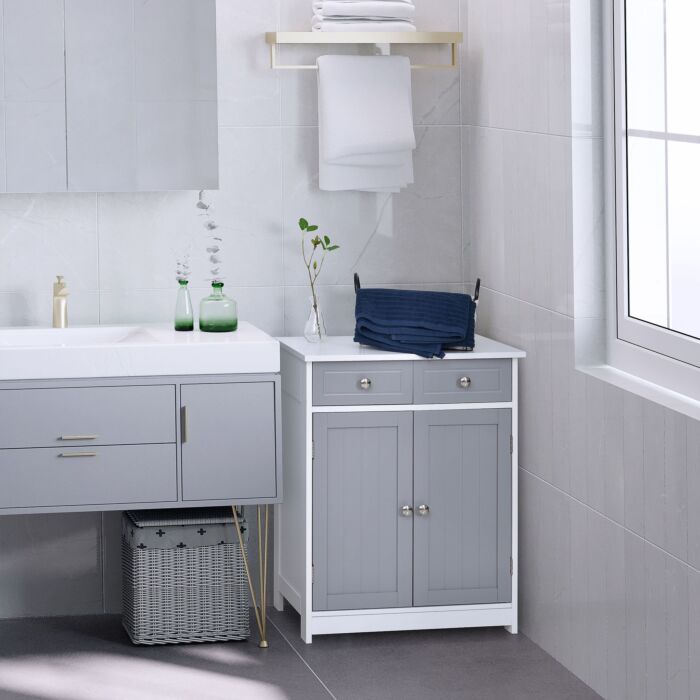 Kleankin Bathroom Storage Cabinet Free-standing Bathroom Cabinet Unit W/ 2 Drawers Cupboard Adjustable Shelf Metal Handles 75x60cm - Grey And White