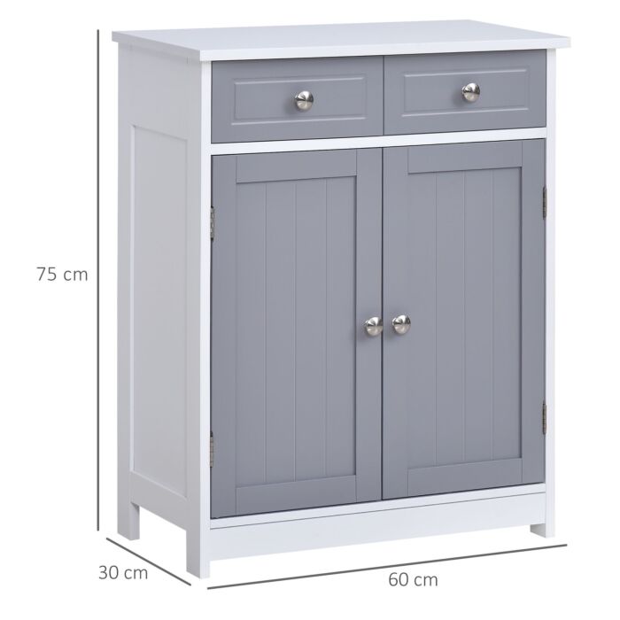 Kleankin Bathroom Storage Cabinet Free-standing Bathroom Cabinet Unit W/ 2 Drawers Cupboard Adjustable Shelf Metal Handles 75x60cm - Grey And White