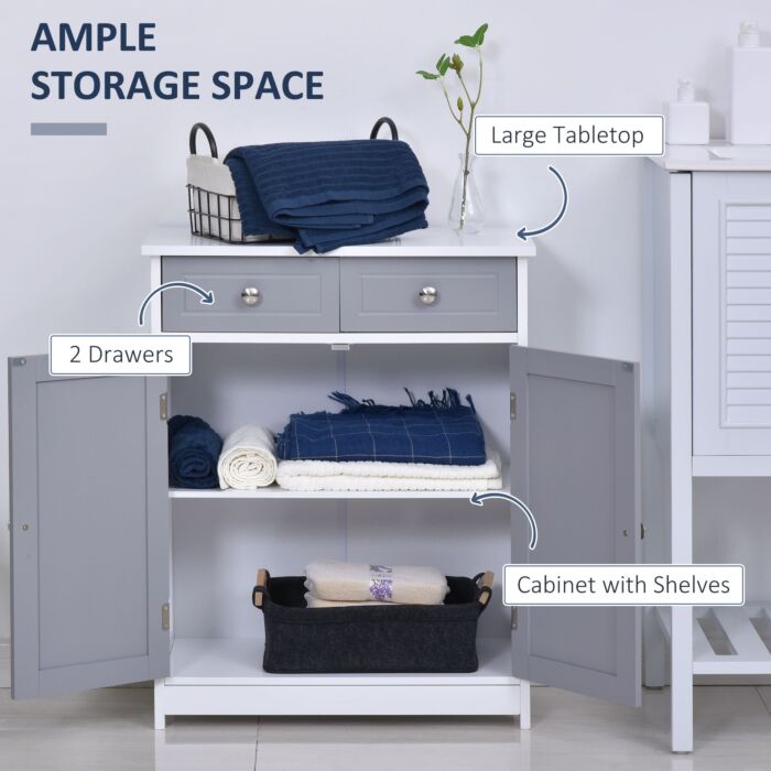 Kleankin Bathroom Storage Cabinet Free-standing Bathroom Cabinet Unit W/ 2 Drawers Cupboard Adjustable Shelf Metal Handles 75x60cm - Grey And White