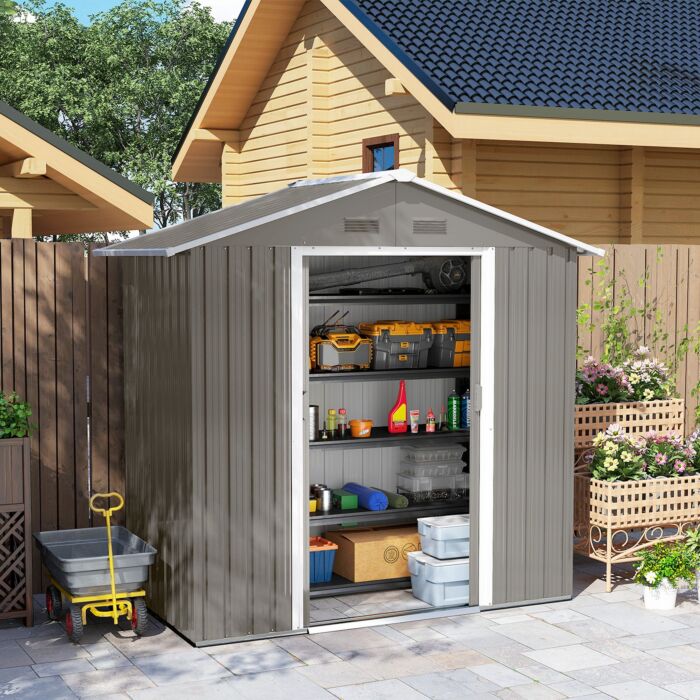 Outsunny 6.5ft X 3.5ft Metal Garden Storage Shed For Outdoor Tool Storage With Double Sliding Doors And 4 Vents, Grey