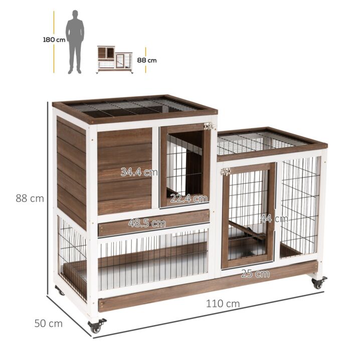 Pawhut Wooden Indoor Rabbit Hutch Guinea Pig House Bunny Small Animal Cage W/ Wheels Enclosed Run 110 X 50 X 86 Cm, Brown