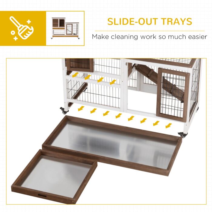 Pawhut Wooden Indoor Rabbit Hutch Guinea Pig House Bunny Small Animal Cage W/ Wheels Enclosed Run 110 X 50 X 86 Cm, Brown