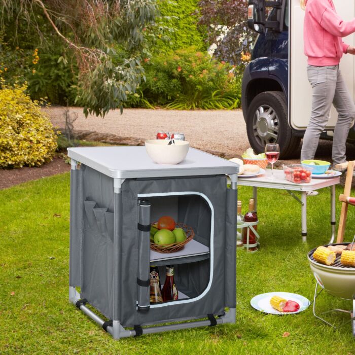 Outsunny 2-shelf Camping Cupboard Wardrobes Kitchen Station Cook Table Aluminum, Storage Organiser For Bbq Party Picnics Backyards With Carrying Bag
