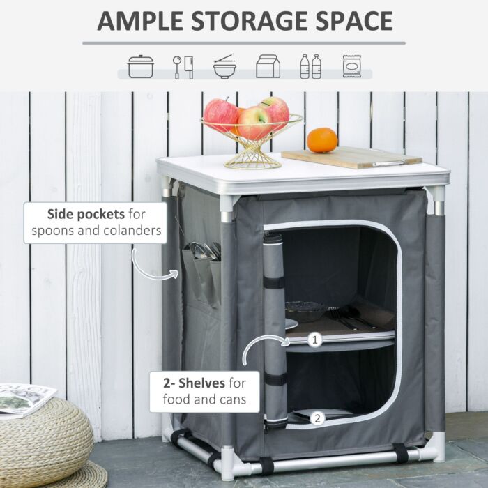 Outsunny 2-shelf Camping Cupboard Wardrobes Kitchen Station Cook Table Aluminum, Storage Organiser For Bbq Party Picnics Backyards With Carrying Bag