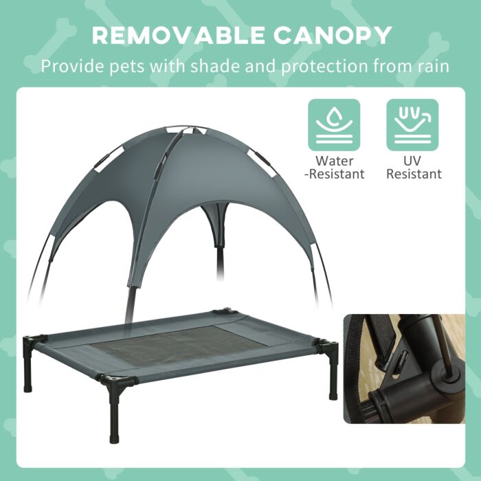 Pawhut Raised Dog Bed Waterproof Elevated Pet Cot With Breathable Mesh Uv Protection Canopy Grey, For Medium Dogs, 76 X 61 X 73cm