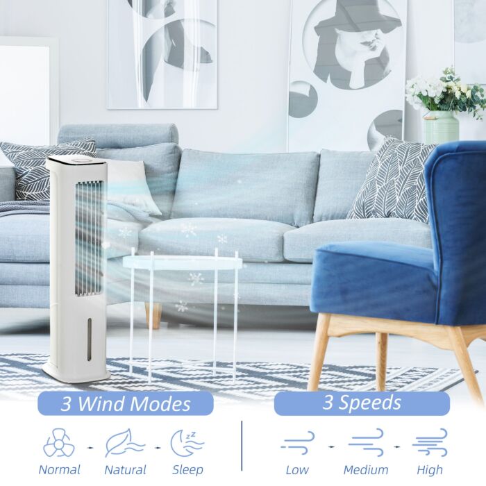 Homcom Evaporative Air Cooler, Oscillating Ice Cooling Fan With 3 Modes, 3 Speeds, Remote Control, Timer, And Oscillation, White