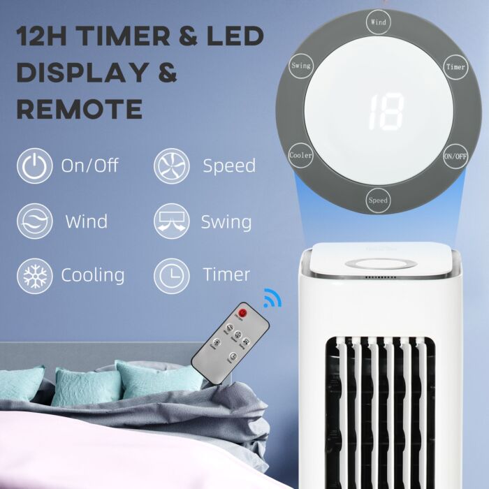Homcom Evaporative Air Cooler, Oscillating Ice Cooling Fan With 3 Modes, 3 Speeds, Remote Control, Timer, And Oscillation, White