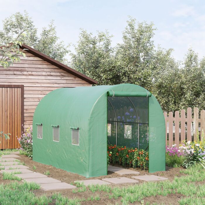Outsunny 3.5 X 2 X 2 M Polytunnel Greenhouse, Walk In Pollytunnel Tent With Steel Frame, Pe Cover, Roll Up Door And 6 Windows, Green