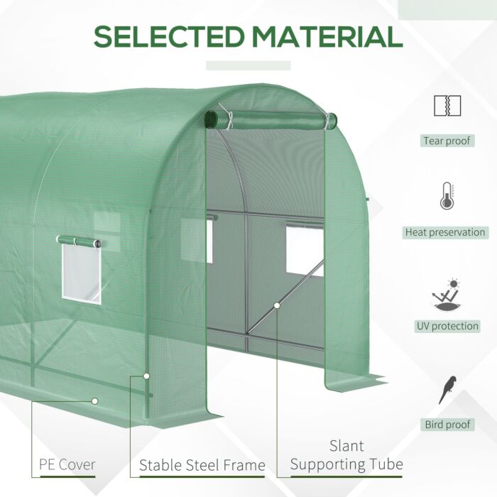 Outsunny 3.5 X 2 X 2 M Polytunnel Greenhouse, Walk In Pollytunnel Tent With Steel Frame, Pe Cover, Roll Up Door And 6 Windows, Green
