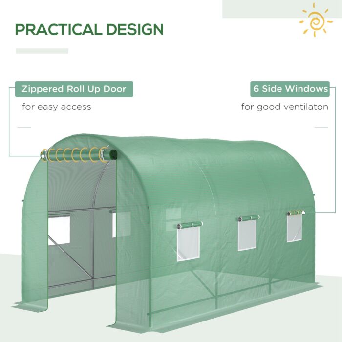 Outsunny 3.5 X 2 X 2 M Polytunnel Greenhouse, Walk In Pollytunnel Tent With Steel Frame, Pe Cover, Roll Up Door And 6 Windows, Green