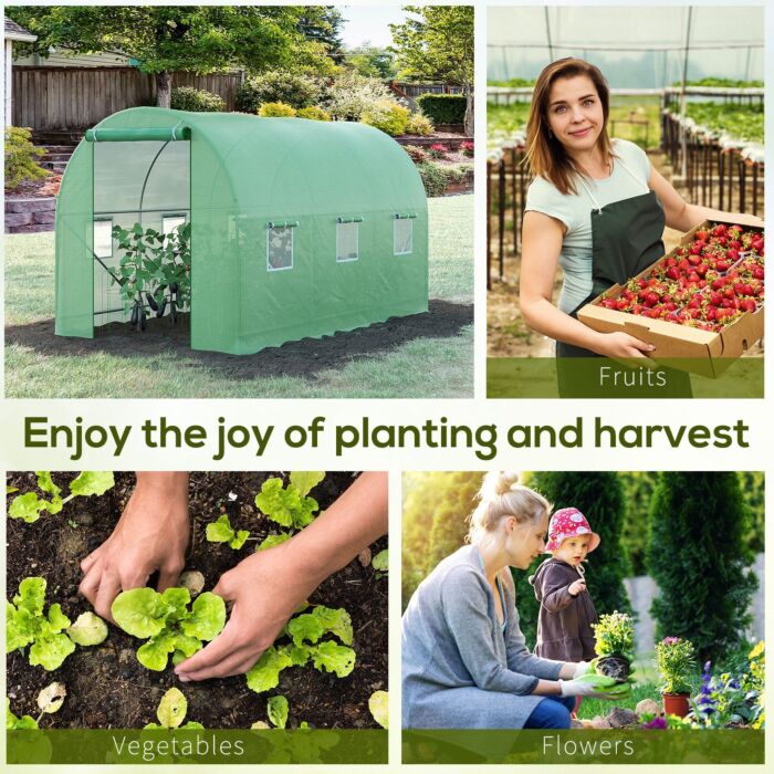 Outsunny 3.5 X 2 X 2 M Polytunnel Greenhouse, Walk In Pollytunnel Tent With Steel Frame, Pe Cover, Roll Up Door And 6 Windows, Green