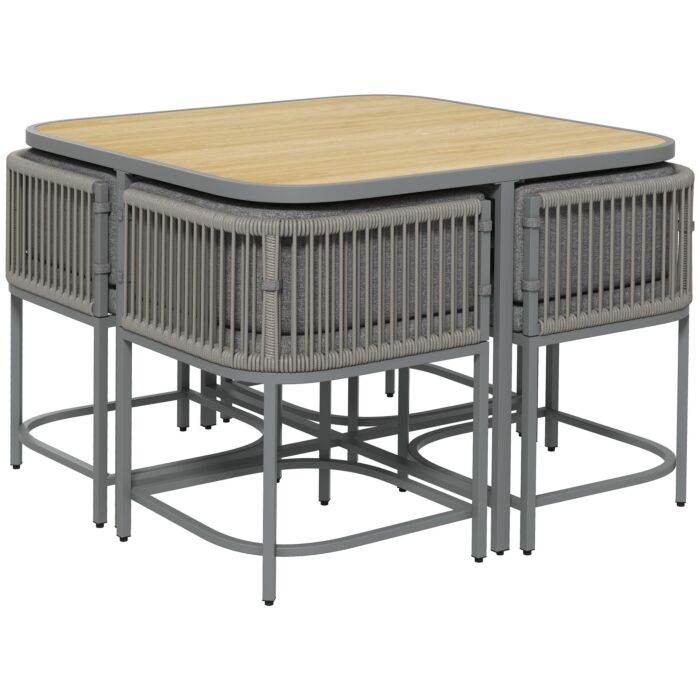 Outsunny 5 Pieces Pe Rattan Dining Sets With Cushions, Space-saving Design Rattan Cube Garden Furniture With Stone Composite Board Top, Grey
