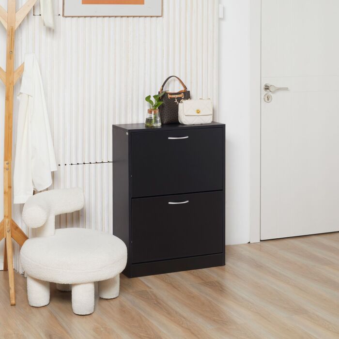 Homcom Shoe Cabinet Storage Cupboard 2-tier Wood Tipping Bucket Modern Hall Organizer With Drawer Adjustable Shelf Large-capacity Black