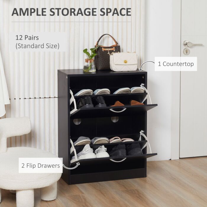 Homcom Shoe Cabinet Storage Cupboard 2-tier Wood Tipping Bucket Modern Hall Organizer With Drawer Adjustable Shelf Large-capacity Black