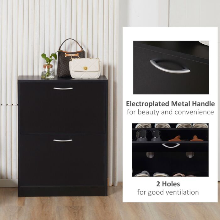 Homcom Shoe Cabinet Storage Cupboard 2-tier Wood Tipping Bucket Modern Hall Organizer With Drawer Adjustable Shelf Large-capacity Black