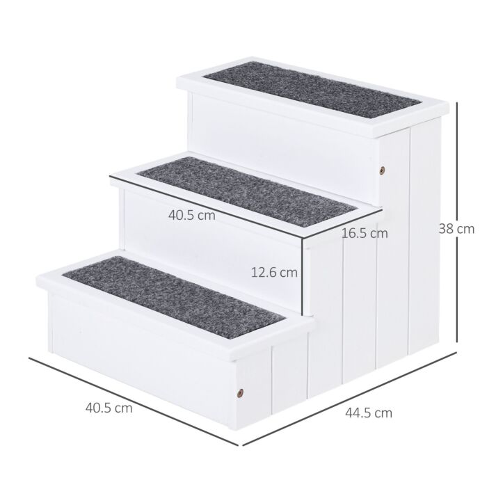 Pawhut 3 Step Wooden Carpeted Pet Stairs Ramp For Cats And Small Dogs With Non-slip Carpet & Small Footprint, White