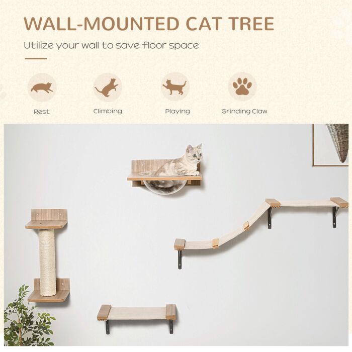 Pawhut 4pcs Wall-mounted Cats Climbing Shelf Set Cat Tree Kitten Perch Activity Center With Hammock Scratching Post Jumping Platform Brown