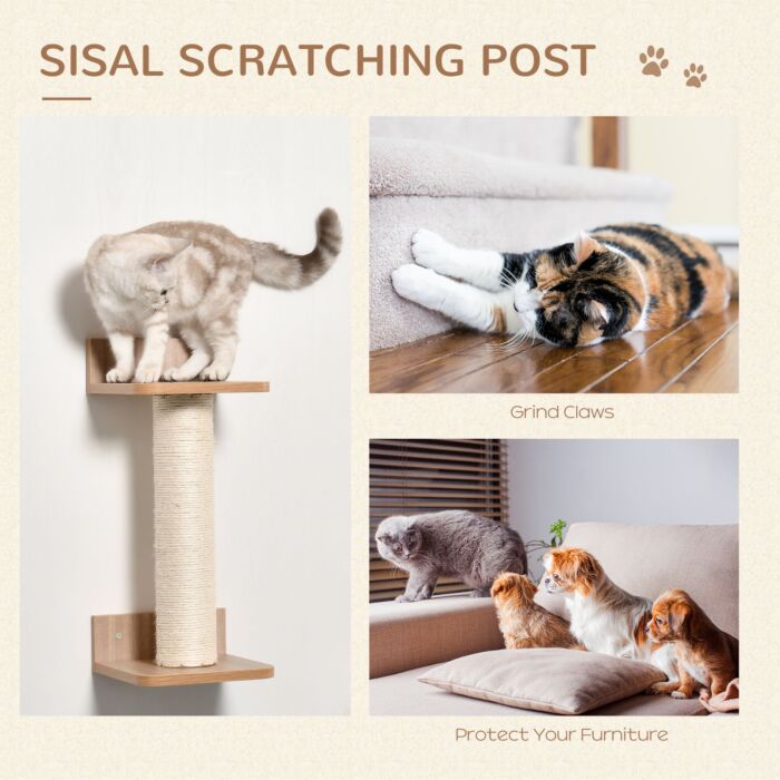 Pawhut 4pcs Wall-mounted Cats Climbing Shelf Set Cat Tree Kitten Perch Activity Center With Hammock Scratching Post Jumping Platform Brown
