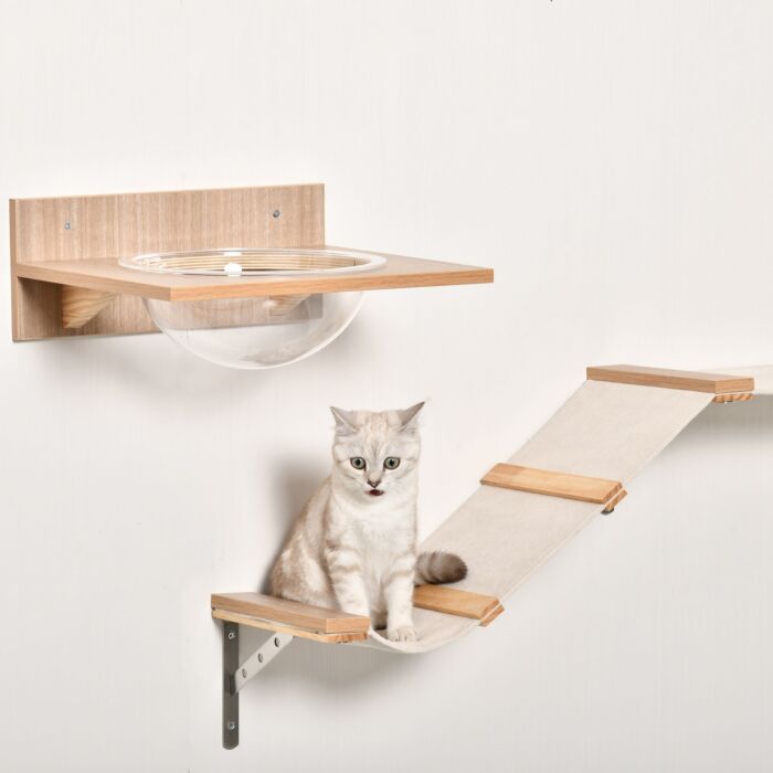 Pawhut 4pcs Wall-mounted Cats Climbing Shelf Set Cat Tree Kitten Perch Activity Center With Hammock Scratching Post Jumping Platform Brown