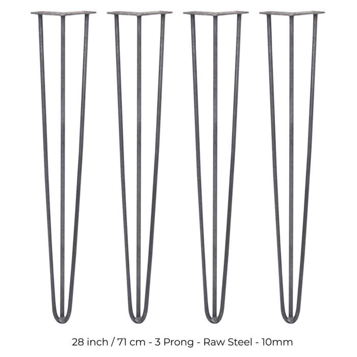 4 X 28" Hairpin Legs - 3 Prong - 10mm - Raw Steel