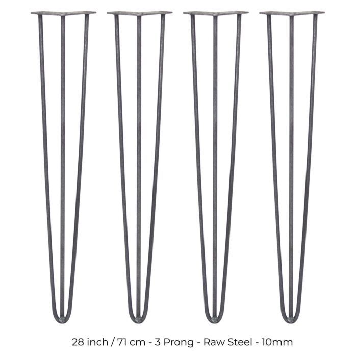 4 X 28" Hairpin Legs - 3 Prong - 10mm - Raw Steel