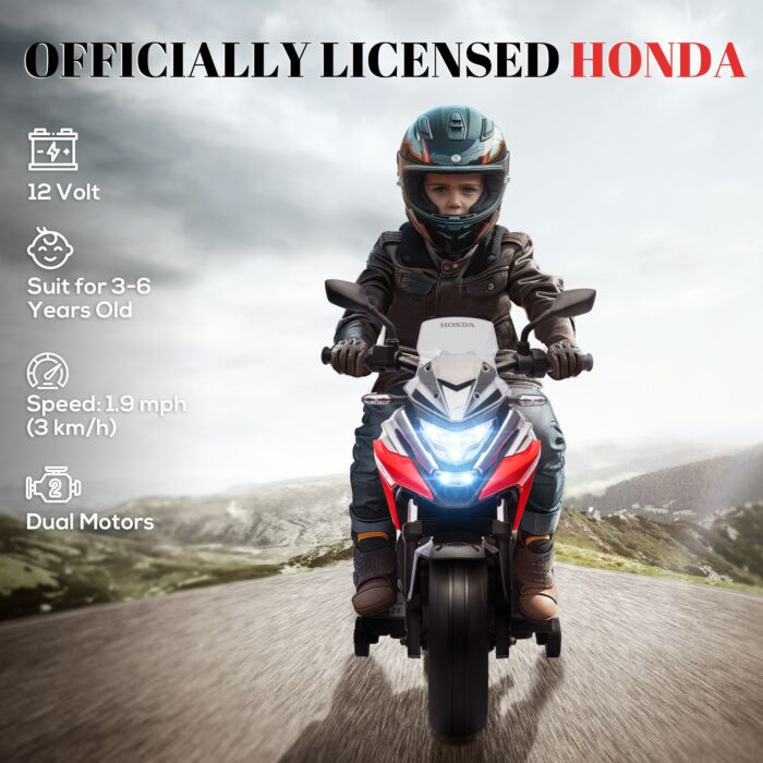 Aiyaplay 12v Honda Licensed Kids Electric Motorbike W/ Music, Headlights, Early Education Function, For 3-6 Years - Red