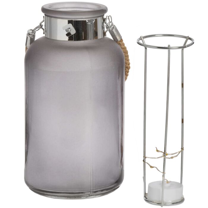 Frosted Grey Glass Lantern With Rope Detail And Led