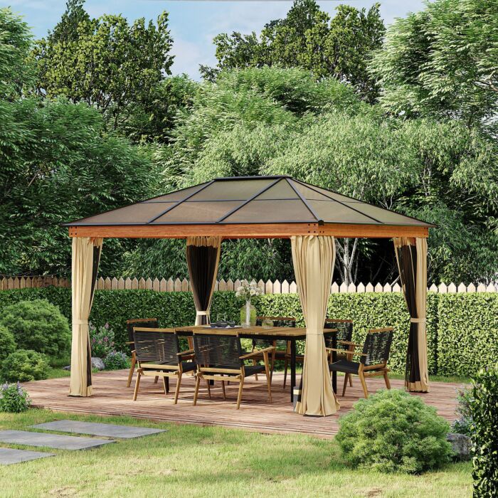 Outsunny 3 X 3.6 M Hardtop Gazebo Canopy With Polycarbonate Roof, Aluminium And Steel Frame, Nettings And Sidewalls, Khaki
