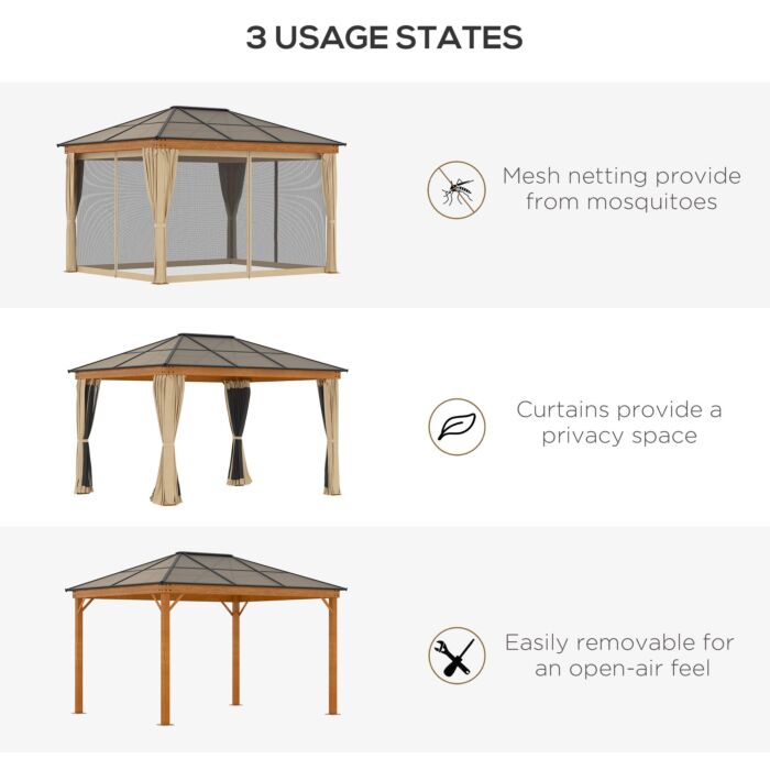 Outsunny 3 X 3.6 M Hardtop Gazebo Canopy With Polycarbonate Roof, Aluminium And Steel Frame, Nettings And Sidewalls, Khaki