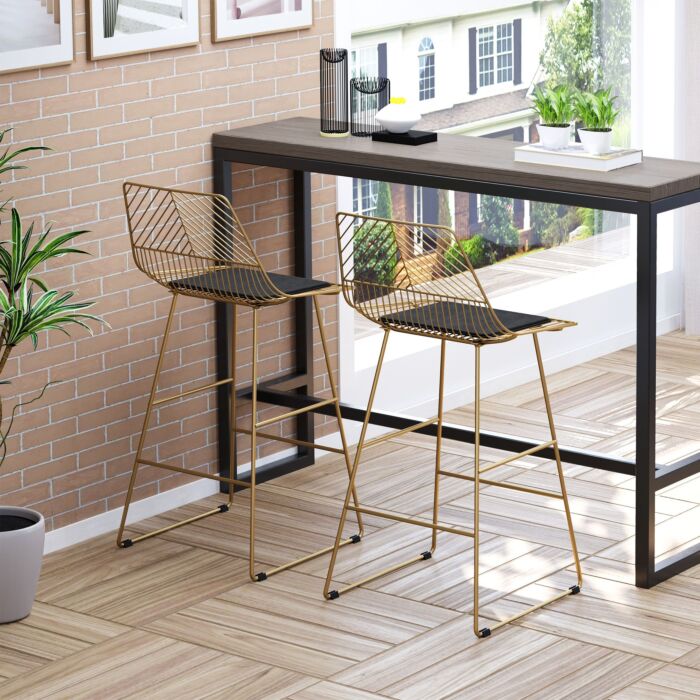 Homcom Set Of 2 Bar Stools Modern Counter Height Wire Metal Bar Chairs For Kitchen, Bar Counter, Gold