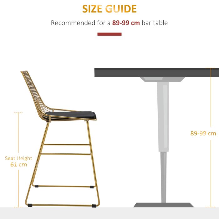 Homcom Set Of 2 Bar Stools Modern Counter Height Wire Metal Bar Chairs For Kitchen, Bar Counter, Gold