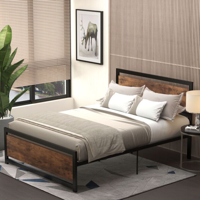 Homcom Full Bed Frame With Headboard & Footboard, Strong Slat Support Twin Size Metal Bed W/ Underbed Storage Space, No Box Spring Needed