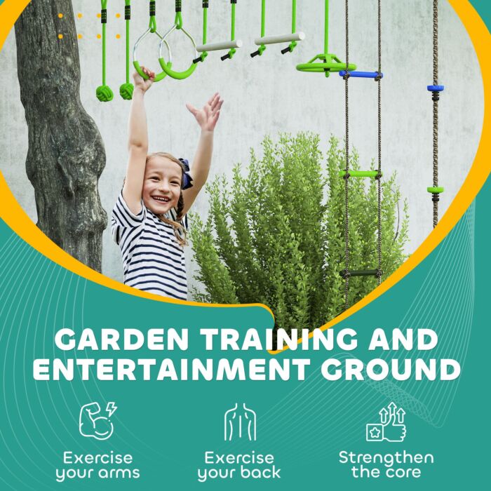 Aiyaplay Obstacle Course For Kids With 10pcs Slackline Kit, With Monkey Bars, Gym Rings, Rope Ladder, Nest Swing, Hanging Tray
