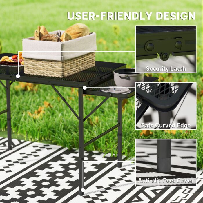 Outsunny Folding Grill Table, 4.5ft Portable Camping Table With 2 Wing Panels, Height Adjustable Metal Picnic Table For Camping, Picnic And Bbq, Black