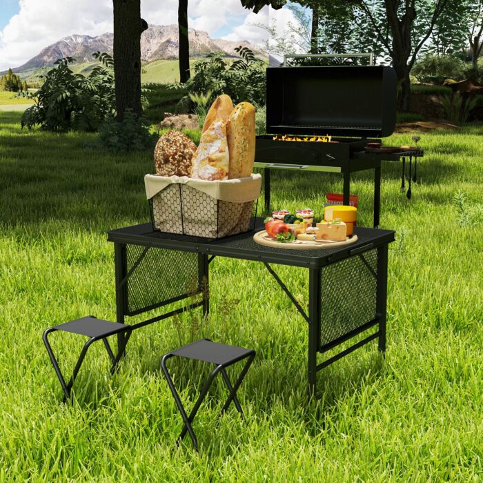 Outsunny Folding Grill Table, 4.5ft Portable Camping Table With 2 Wing Panels, Height Adjustable Metal Picnic Table For Camping, Picnic And Bbq, Black