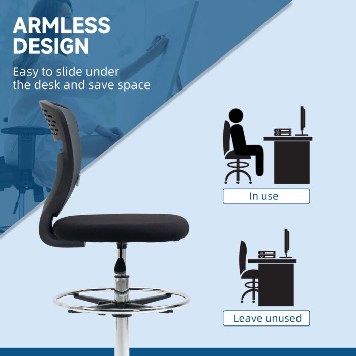 Vinsetto Drafting Chair, Swivel Office Draughtsman Chair, Mesh Standing Desk Chair With Lumbar Support, Adjustable Foot Ring, Armless, Grey