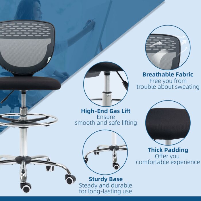 Vinsetto Drafting Chair, Swivel Office Draughtsman Chair, Mesh Standing Desk Chair With Lumbar Support, Adjustable Foot Ring, Armless, Grey