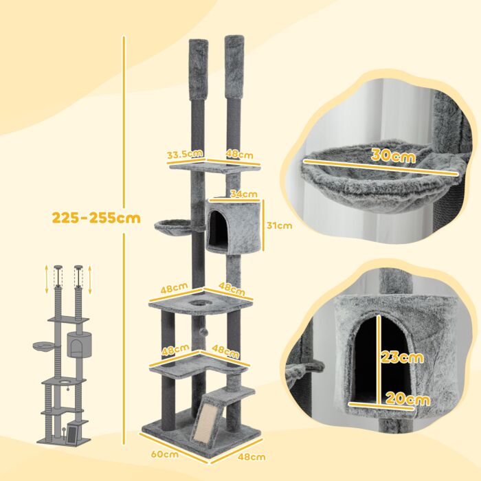 Pawhut 225-255cm Height Floor-to-ceiling Cat Tree Large Cat Tower W/ Cat Scratching Posts, Ramp, Condo