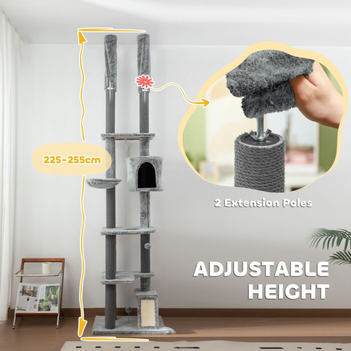 Pawhut 225-255cm Height Floor-to-ceiling Cat Tree Large Cat Tower W/ Cat Scratching Posts, Ramp, Condo