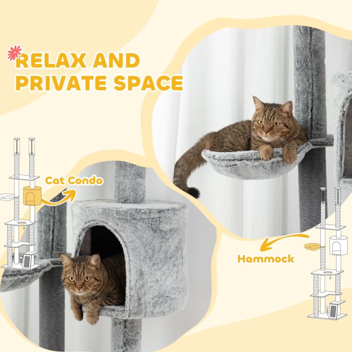 Pawhut 225-255cm Height Floor-to-ceiling Cat Tree Large Cat Tower W/ Cat Scratching Posts, Ramp, Condo