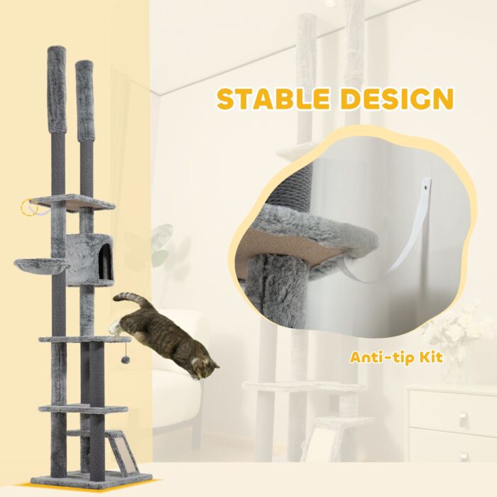 Pawhut 225-255cm Height Floor-to-ceiling Cat Tree Large Cat Tower W/ Cat Scratching Posts, Ramp, Condo