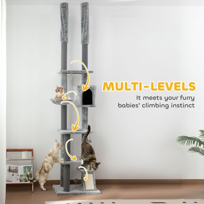 Pawhut 225-255cm Height Floor-to-ceiling Cat Tree Large Cat Tower W/ Cat Scratching Posts, Ramp, Condo