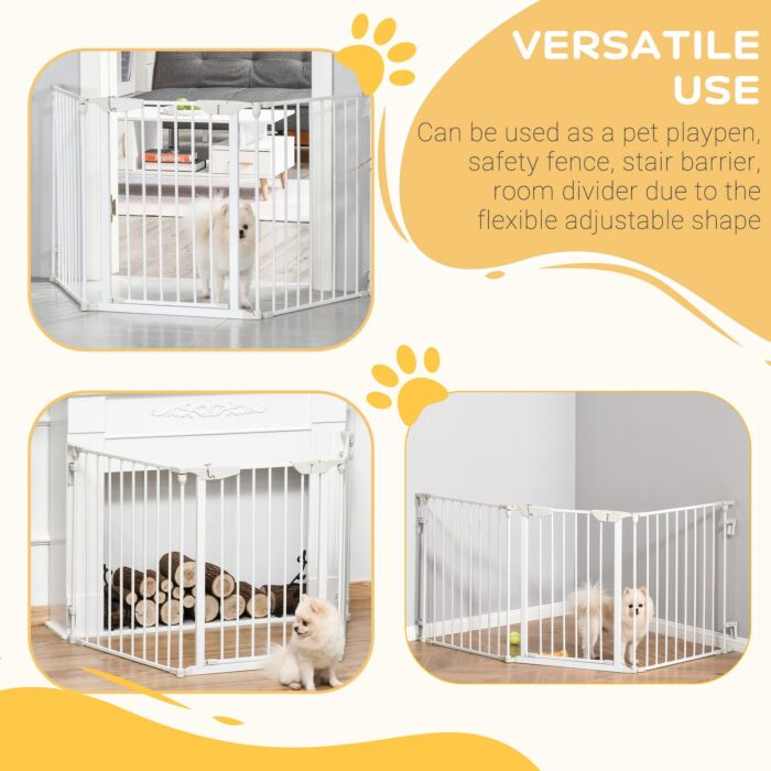 Pawhut Pet Safety Gate 3-panel Playpen Fireplace Christmas Tree Metal Fence Stair Barrier Room Divider W/walk Through Door, White