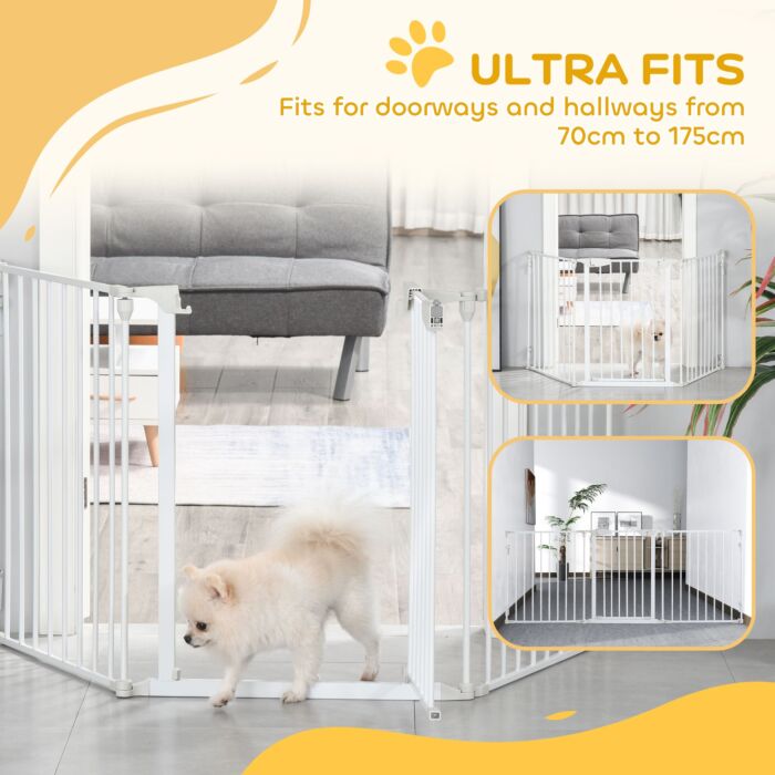 Pawhut Pet Safety Gate 3-panel Playpen Fireplace Christmas Tree Metal Fence Stair Barrier Room Divider W/walk Through Door, White